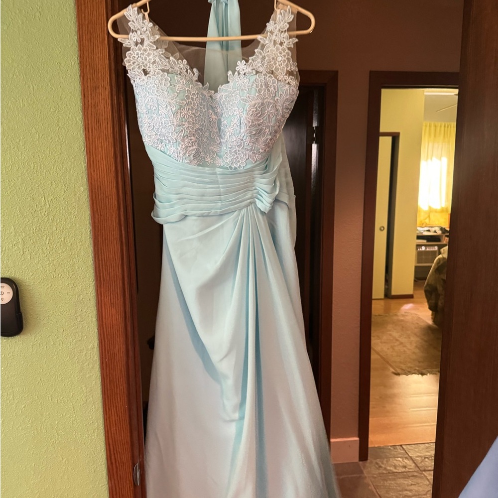 Elegant Lace Halter Gown in Light Blue